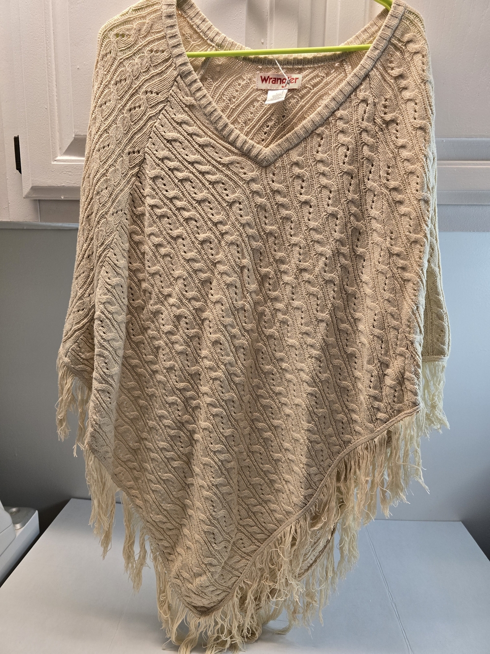 Wrangler Women's Cream Cable-Knit Fringe Poncho Sweater